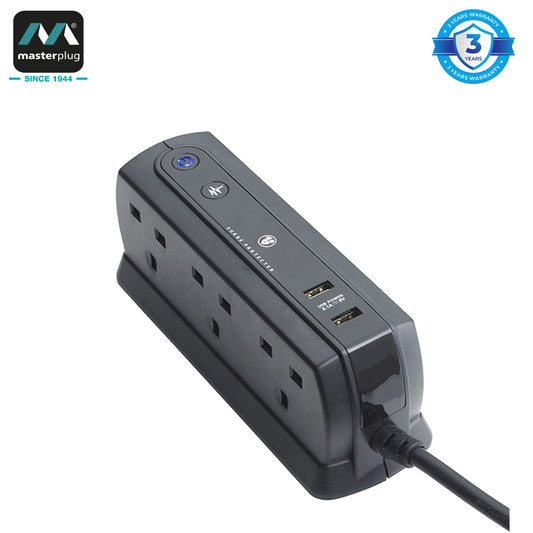 Masterplug | SRGDU62MB2 | Surge USB 6 Sockets Compact Extension Leads, 2 meter | 3 Years Warranty