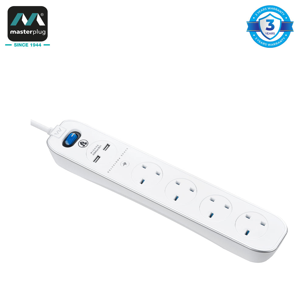 Masterplug | SRGLSU43PW | USB Surge Extension Lead with 2 x USB, 4 Sockets, 3 meter, White | 3 Years Warranty