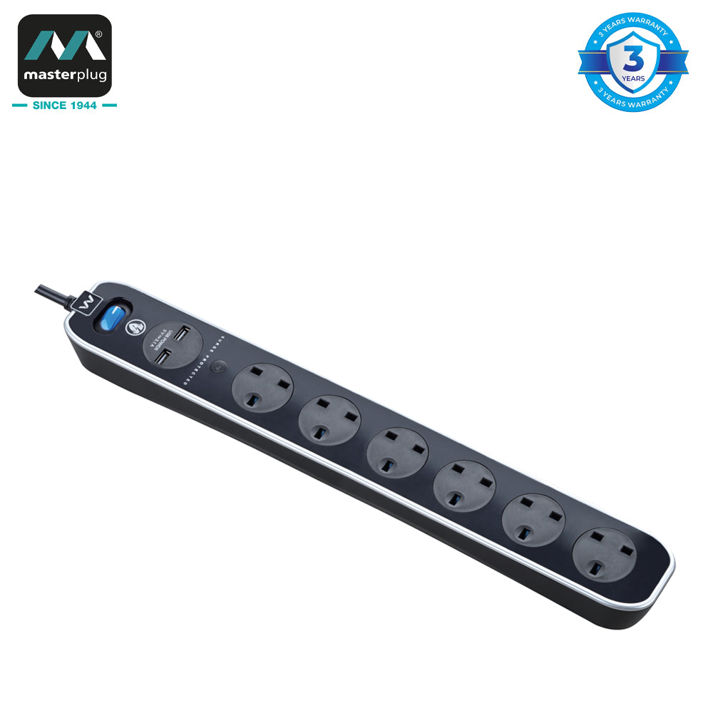 Masterplug | SRGLSU63PW | USB Surge Extension Lead with 2 x USB, 6 Sockets, 3 meter, White | 3 Years Warranty