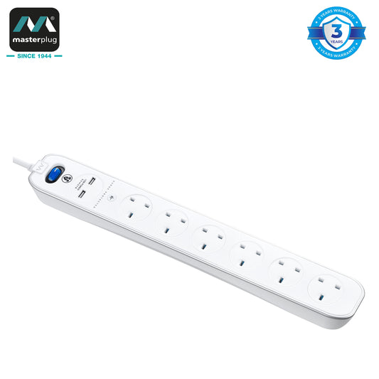 Masterplug | SRGLSU63PW | USB Surge Extension Lead with 2 x USB, 6 Sockets, 3 meter, White | 3 Years Warranty