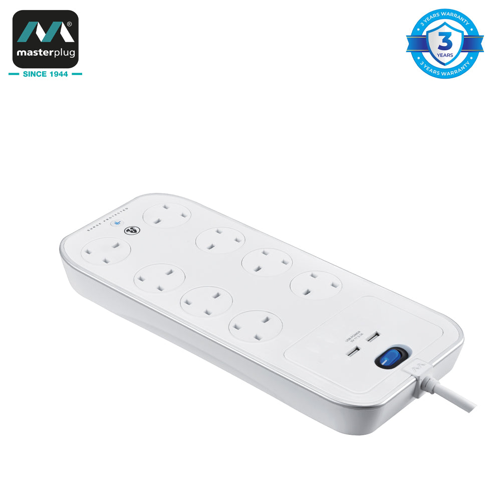 Masterplug | SRGSU83PW | USB Surge Protected Extension Lead, 8 Sockets, 3 meter, White | 3 Years Warranty