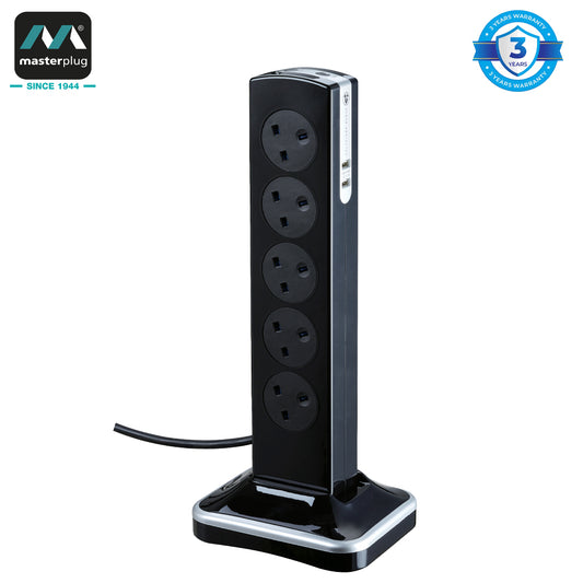 Masterplug | SRGTOWSU103PB | High Gloss USB 10 Sockets Tower Extension Lead, 3 meter, Piano Black | 3 Years Warranty