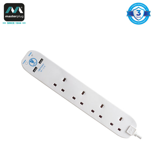 Masterplug | SRGU42N | Surge Extension Lead, 4 Sockets with 2xUSB, 2 meter, Black/ White | 3 Years Warranty