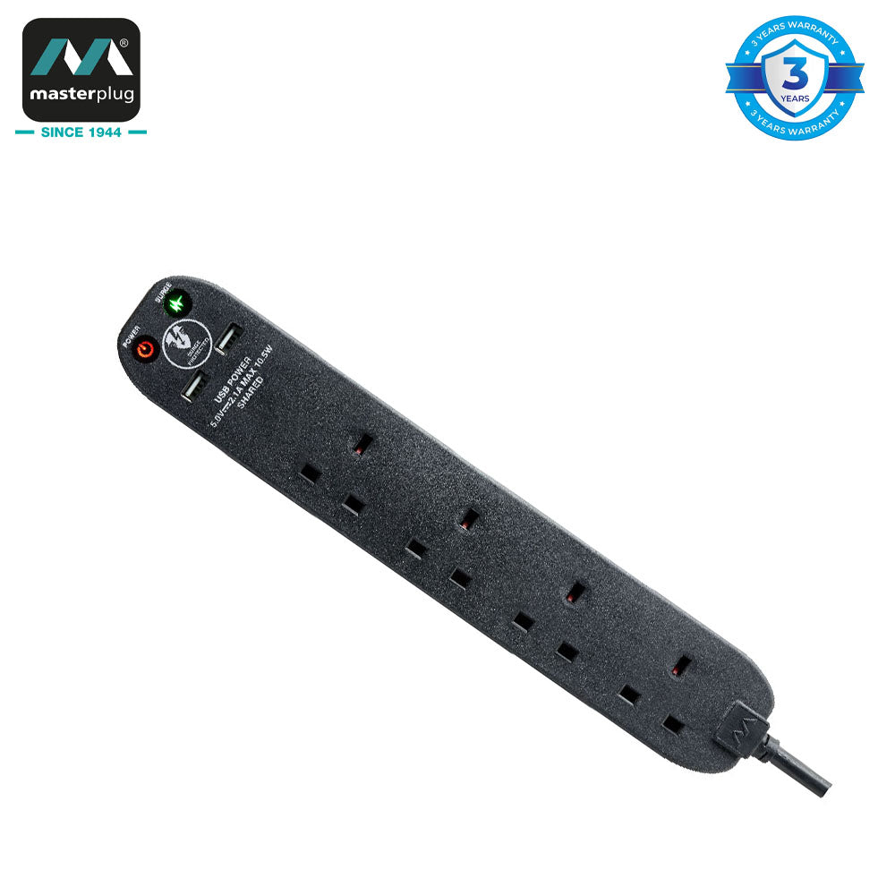 Masterplug | SRGU42N | Surge Extension Lead, 4 Sockets with 2xUSB, 2 meter, Black/ White | 3 Years Warranty