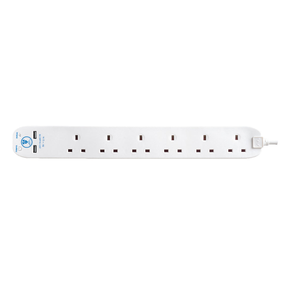 Masterplug | SRGU62N | Surge Extension Lead, 6 Sockets with 2xUSB, 2 meter, Black/ White | 3 Years Warranty