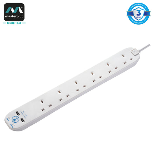 Masterplug | SRGU62N | Surge Extension Lead, 6 Sockets with 2xUSB, 2 meter, Black/ White | 3 Years Warranty