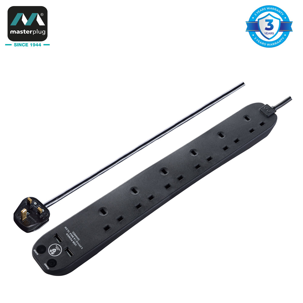 Masterplug | SRGU62N | Surge Extension Lead, 6 Sockets with 2xUSB, 2 meter, Black/ White | 3 Years Warranty