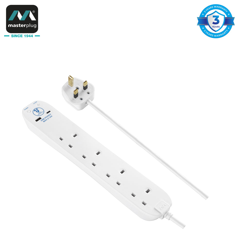 Masterplug | SRGUAC2242N | Surge Extension Lead Fast Charge USB A&C, 4 Sockets, 2 meter, Black/ Whitye|