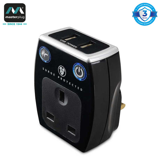 Masterplug | SRGAUSBPB2 | High Gloss USB Adaptor with 2xUSB, Black | 3 Years Warranty