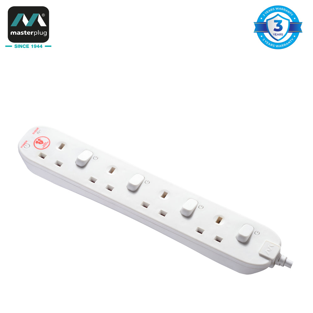 Masterplug | SWSRG42NB | Individually Switched Extension, 4 Sockets, 2 meter, Black/ White | 3 Years Warranty