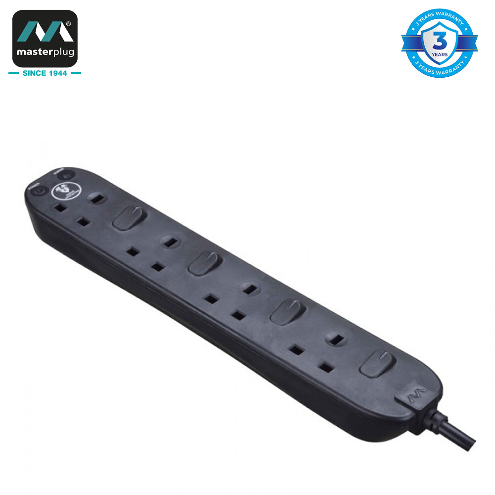 Masterplug | SWSRG42NB | Individually Switched Extension, 4 Sockets, 2 meter, Black/ White | 3 Years Warranty