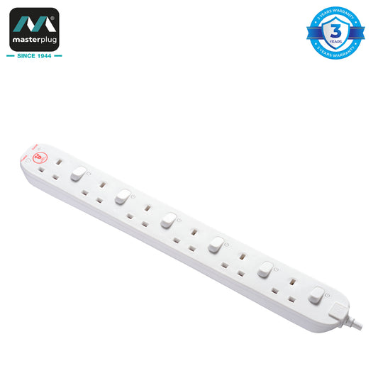 Masterplug | SWSRG62N | Individually Switched Extension Lead, 6 Sockets, 2 meter, Black/ White | 3 Years Warranty