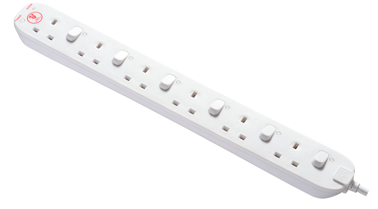 Masterplug | SWSRG62N | Individually Switched Extension Lead, 6 Sockets, 2 meter, Black/ White | 3 Years Warranty