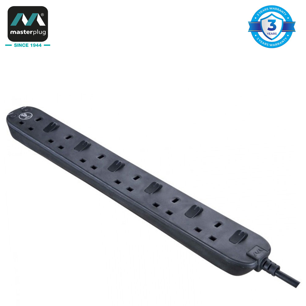 Masterplug | SWSRG62N | Individually Switched Extension Lead, 6 Sockets, 2 meter, Black/ White | 3 Years Warranty