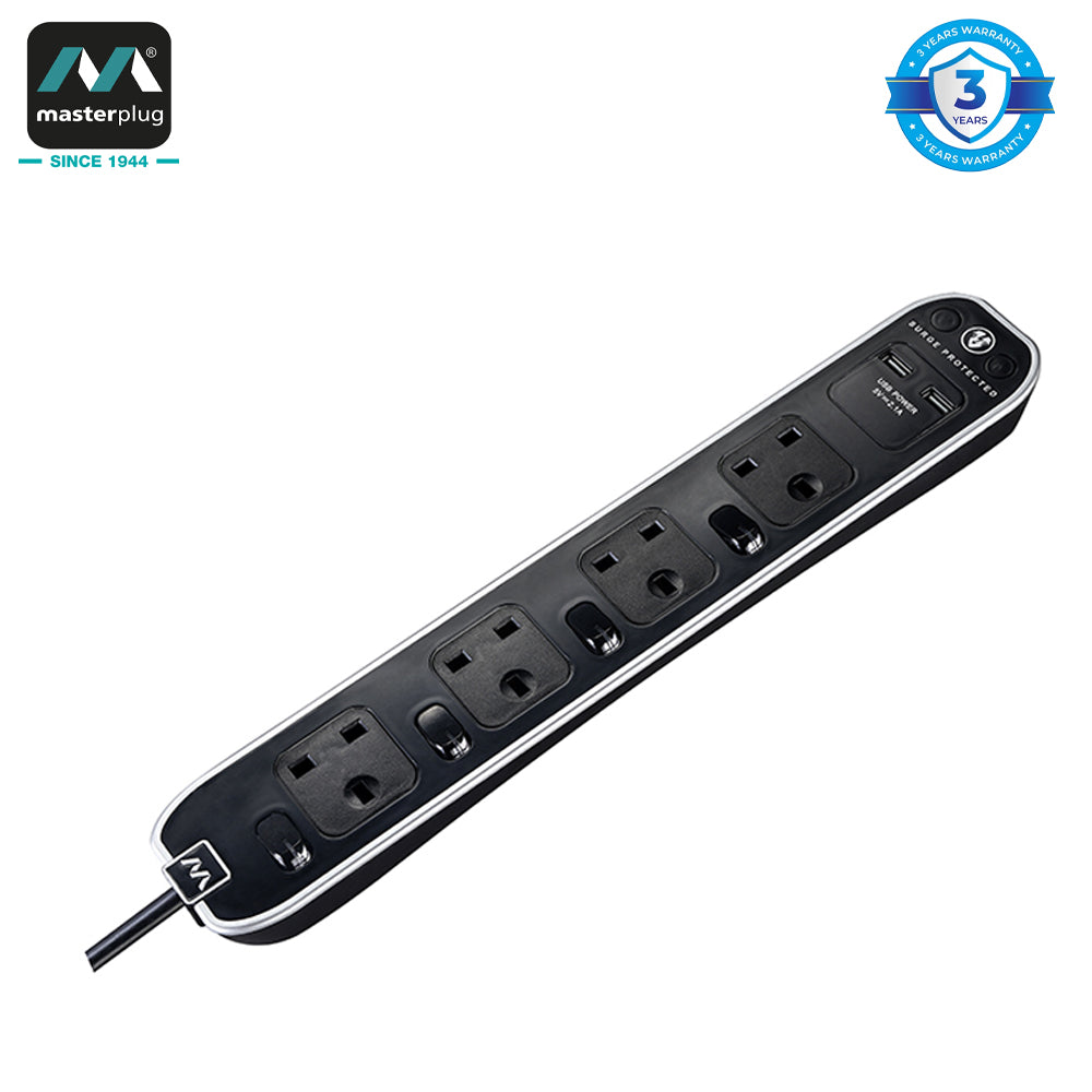 Masterplug | SWSRGU42PB | Individual Switched Surged Protected 4 Sockets Extension Lead, 2 meter, Piano Black | 3 Years Warranty